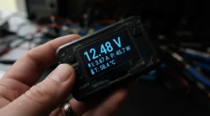 Close up of the smart digital controller screen showing temperature and humidity readings for the AC Infinity Cloudline 4 inch review for grow tents