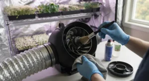 Routine maintenance and cleaning of a 4-inch inline duct fan used in a microgreens growing tent.