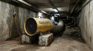 A compact 6 inch inline fan installed in a tight residential crawlspace.