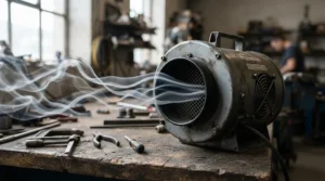 An inexpensive Vivosun 4 inch inline fan undergoing an airflow test with a smoke generator.