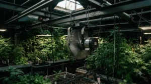 A low cost Vivosun 4 inch inline fan mounted near the ceiling of a hydroponic indoor garden.