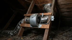 A quiet 6 inch inline fan fitted into an attic space to improve home airflow.