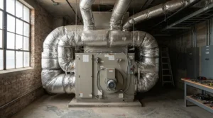 Insulated acoustic ducting connected to the quietest 6 inch inline duct fan for grow room to dampen sound.