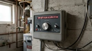 A digital speed controller attached to the quietest 6 inch inline duct fan for grow room on a wall.