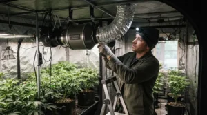 A grower assembling the Vivosun 4 inch fan and filter combo inside an indoor grow tent.