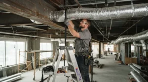 A person mounting the Vivosun 4 inch fan and filter combo to the ceiling frame of a room.