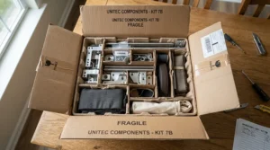 An unboxing view of the Vivosun 4 inch fan and filter combo, highlighting the complete hardware layout.