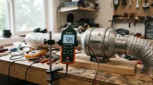 Testing the Vivosun 4 inch fan noise level with a digital decibel meter in a quiet room