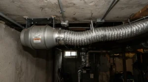 A Vivosun 4 inch fan with speed controller venting air out of a basement hobby room setup.