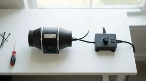 A Vivosun 4 inch fan with speed controller displayed on a clean desk during an unboxing session.