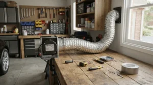 A Vivosun 4 inch fan with speed controller mounted on a workbench in a tidy American suburban garage workspace.