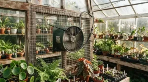 A Vivosun 4 inch fan with speed controller managing air circulation in a backyard hobby greenhouse.