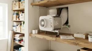 A Vivosun 4 inch inline fan for small closet grow installed securely on the top shelf of a residential wardrobe.