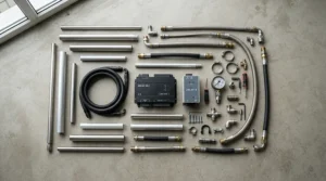 All components of the AC Infinity Cloudline 6 inch bundle deal with filter laid out flat