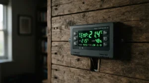 AC Infinity Cloudline 6 inch review for 4x4 tent showcasing the temperature humidity controller screen settings.