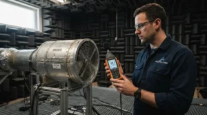A decibel meter measuring sound output in an AC Infinity Cloudline 6 inch vs Terrabloom 6 inch sound test.